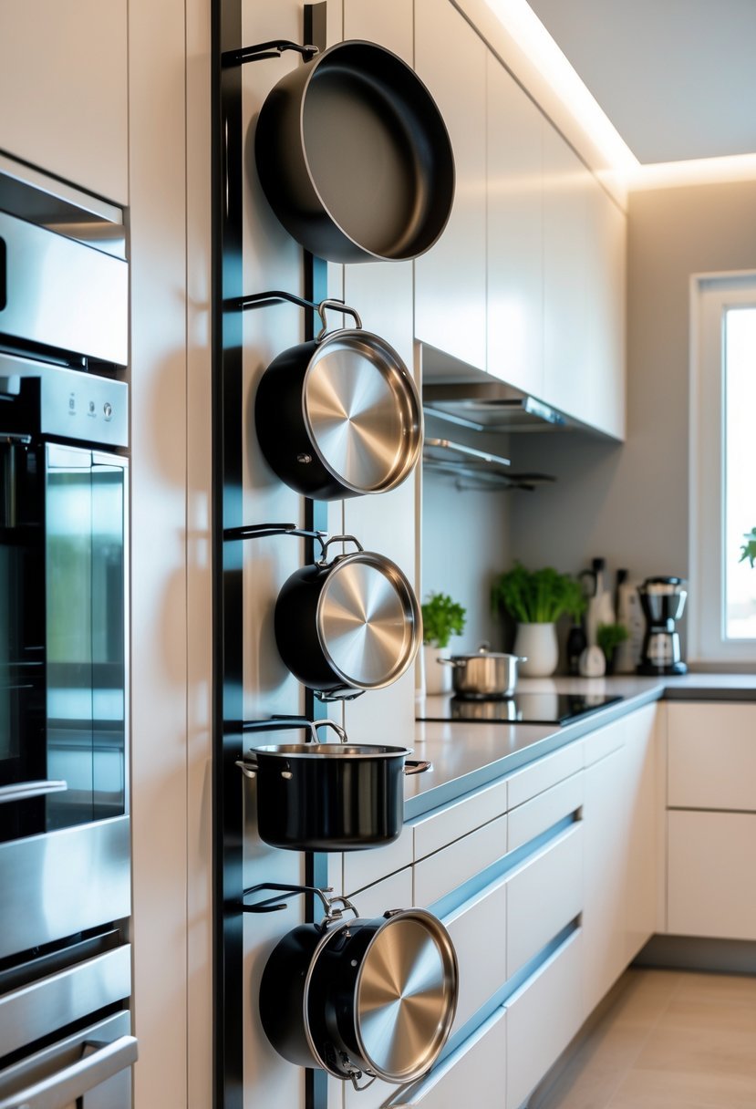 A modern kitchen with vertical storage racks holding pots and pans in an organized way.