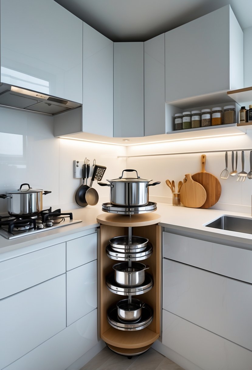A small kitchen corner with a rotating carousel storage unit holding pots and pans, surrounded by white cabinets and kitchen utensils.