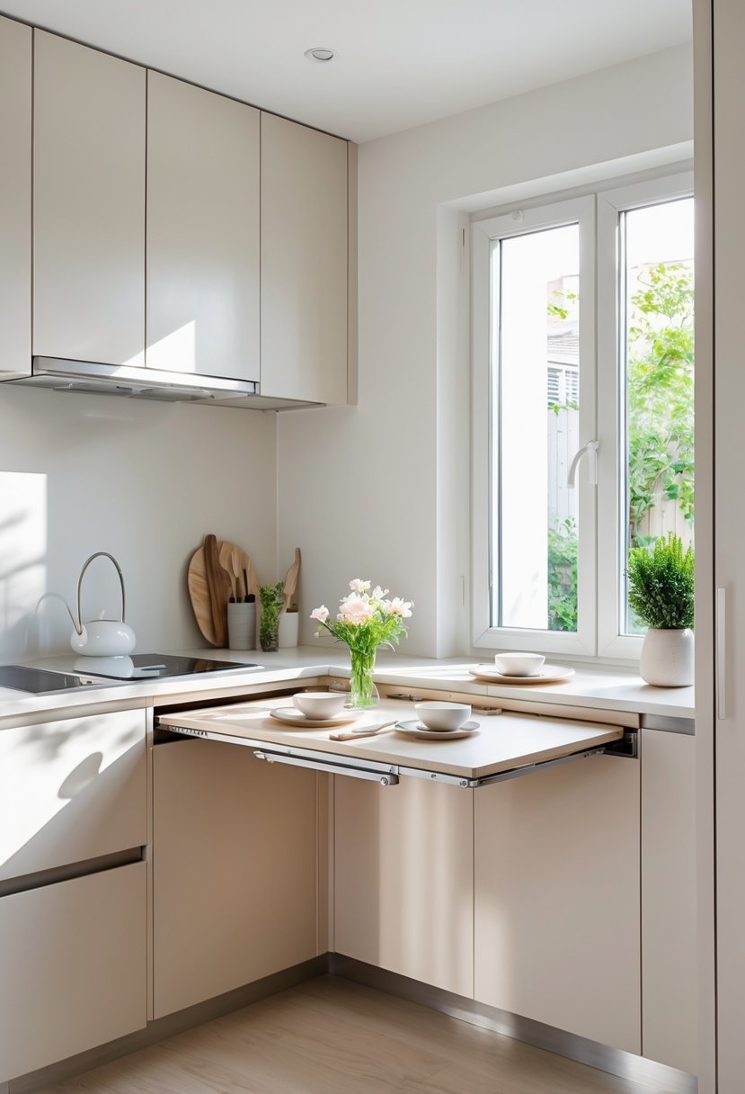 Small kitchen with a fold-down dining table extended and set for a meal, showing an efficient use of space.