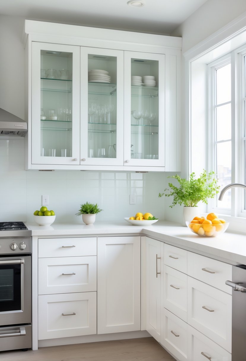 A small kitchen with glass cabinet doors, white cabinets, natural light, and neatly arranged dishes inside.
