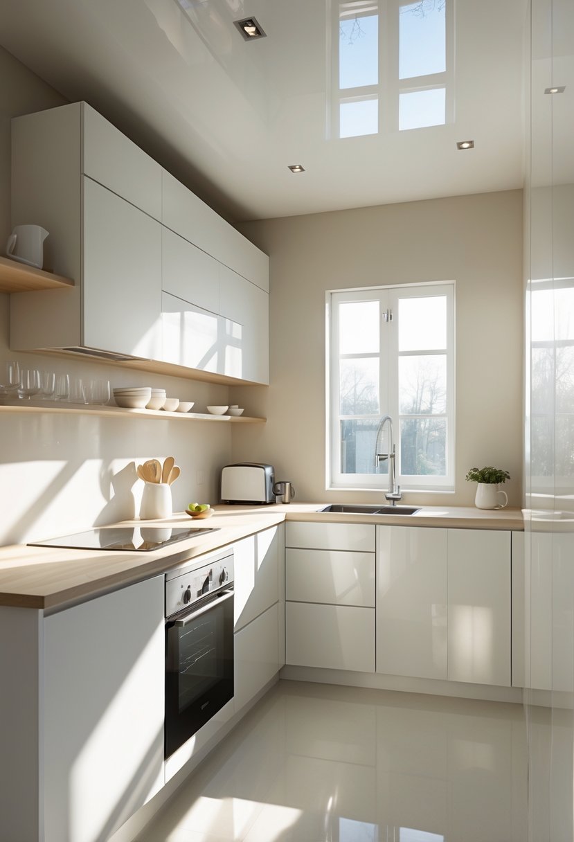 A small kitchen with light-colored cabinets, wooden countertops, and natural sunlight illuminating the space.