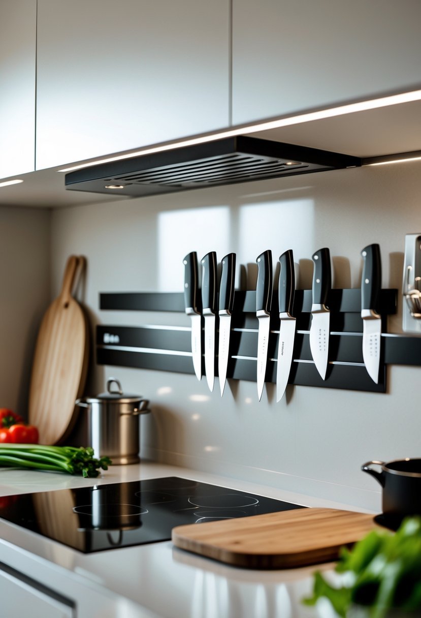 A modern kitchen with magnetic knife strips mounted on the backsplash holding several knives, freeing up drawer space.