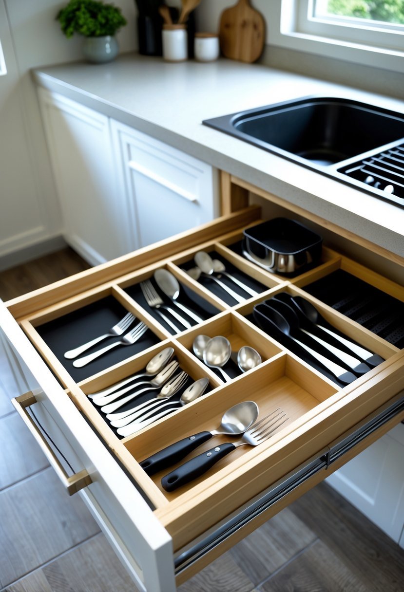 Open kitchen drawer with neatly organized utensils in compartments using drawer organizers.