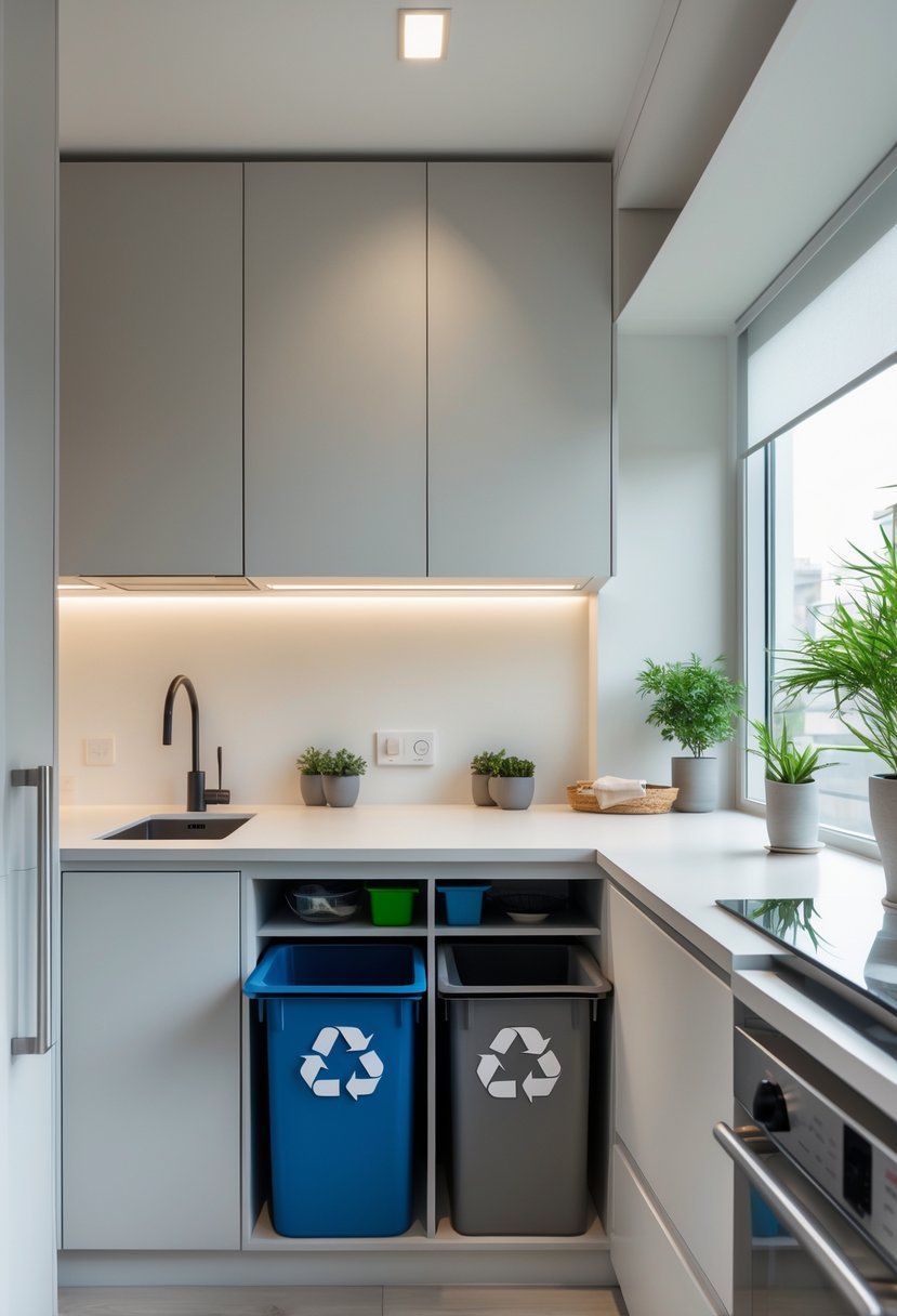A small modern kitchen with built-in recycling and waste bins integrated into the cabinetry for organized waste disposal.