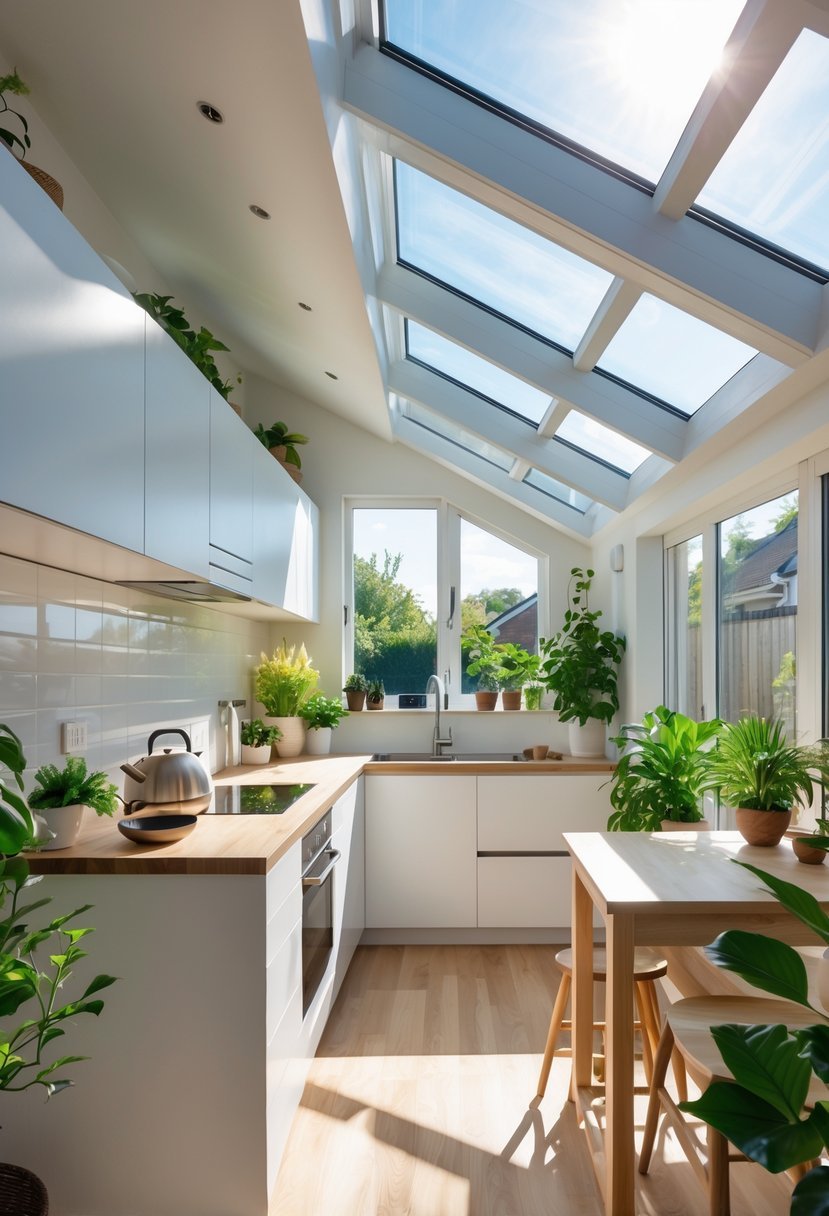 A small kitchen with skylights and windows letting in natural light, featuring cabinets, a countertop island, and plants.