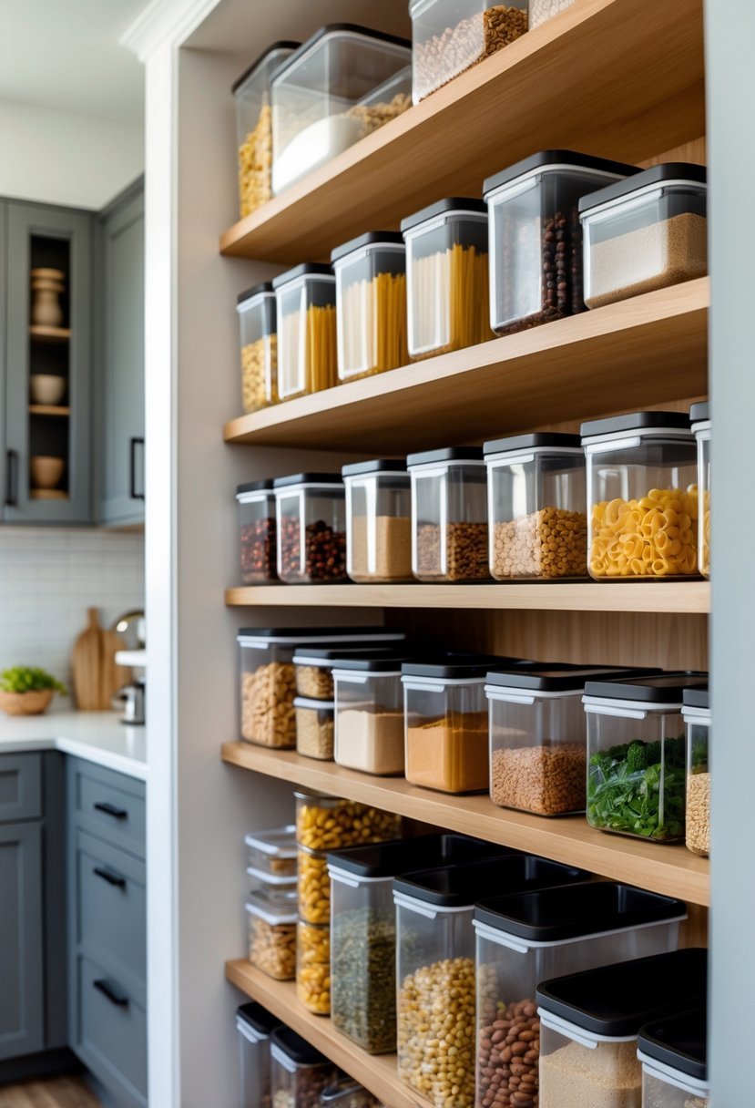 A neatly organized kitchen pantry with clear stackable containers filled with dry foods arranged on wooden shelves.