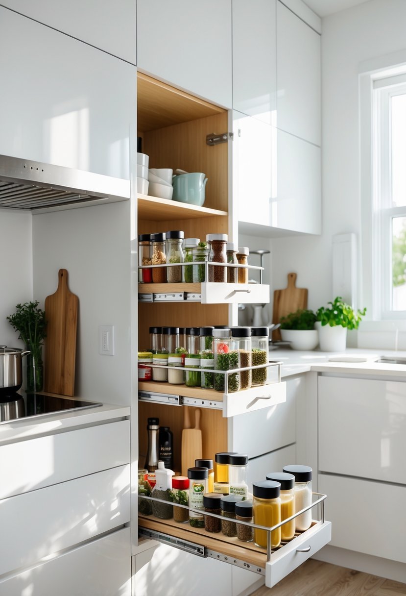 A small kitchen with pull-out spice racks inside cabinets, showing organized spice jars and a clean countertop.