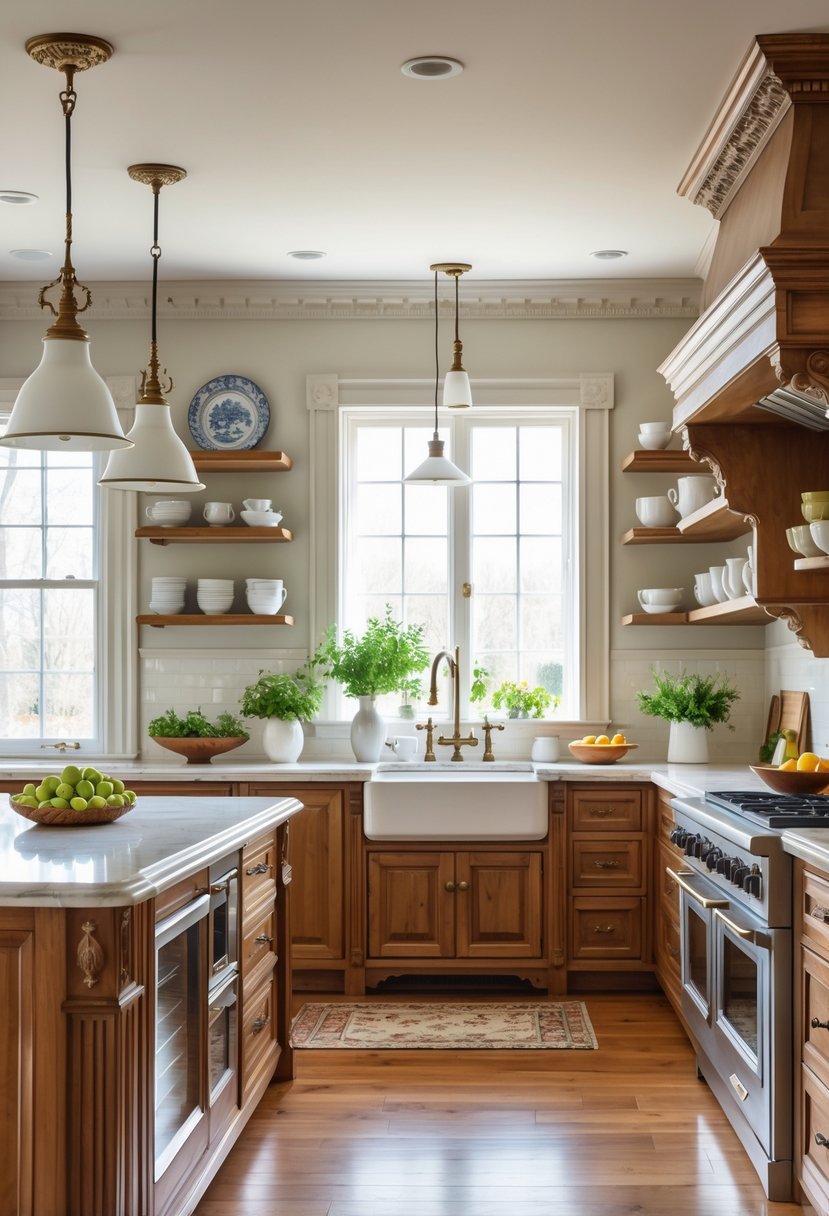 A bright kitchen with wooden cabinets, a central island, pendant lights, and various kitchen items arranged neatly.