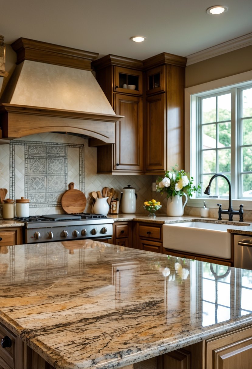 A kitchen with polished granite countertops, wooden cabinets, a farmhouse sink, and natural light coming through large windows.