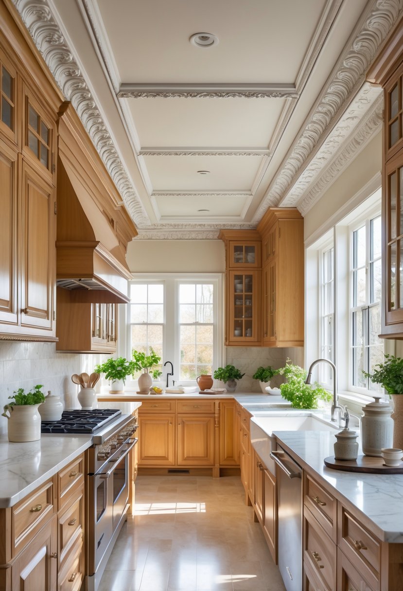 A bright kitchen interior featuring detailed crown molding along the ceiling and classic cabinetry.