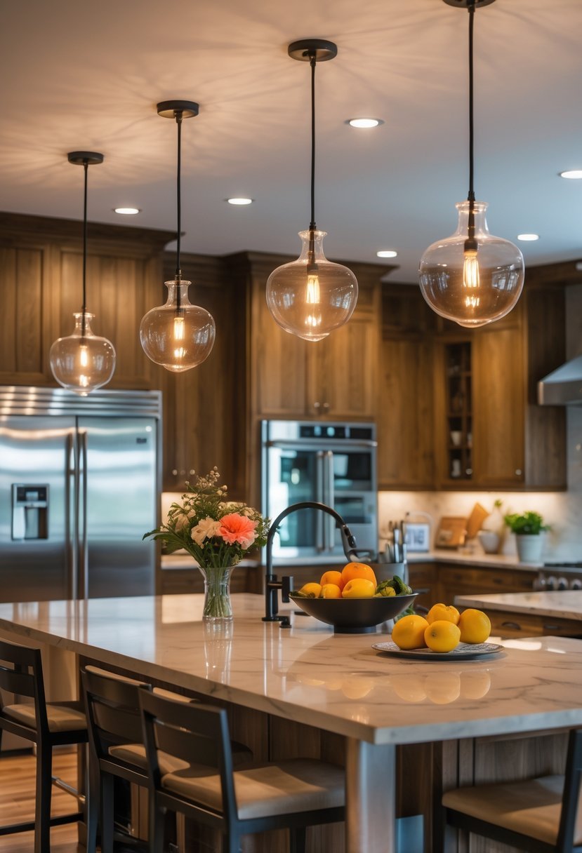 A well-lit kitchen with pendant lights hanging above a kitchen island surrounded by wooden cabinets and kitchen appliances.