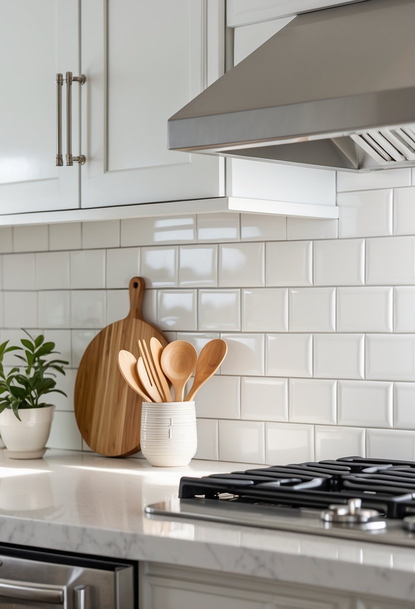 A kitchen countertop with a white subway tile backsplash, kitchen utensils, and a small potted plant.
