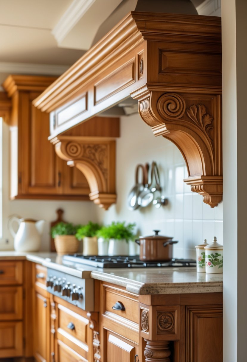 A bright kitchen interior with wooden cabinets and decorative corbels supporting shelves and countertops.