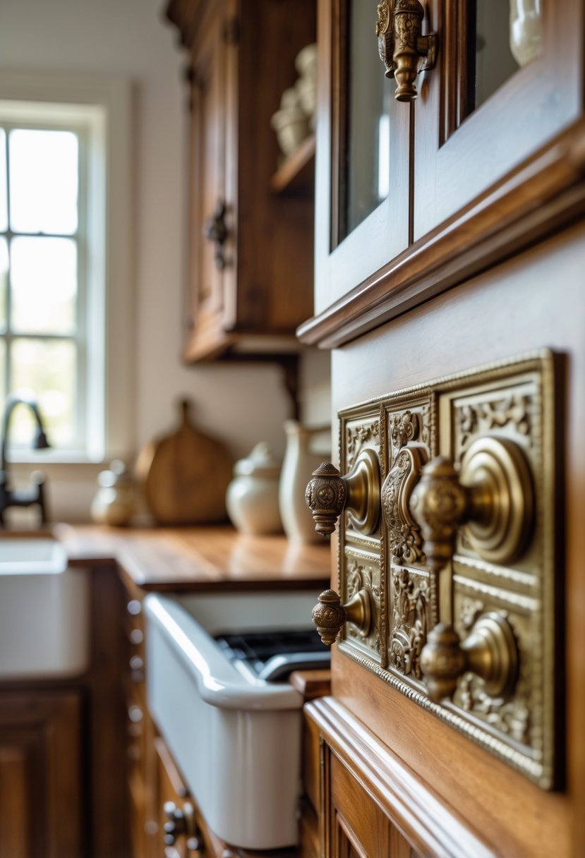 Close-up of antique brass cabinet handles on wooden kitchen cabinets in a warm kitchen setting.