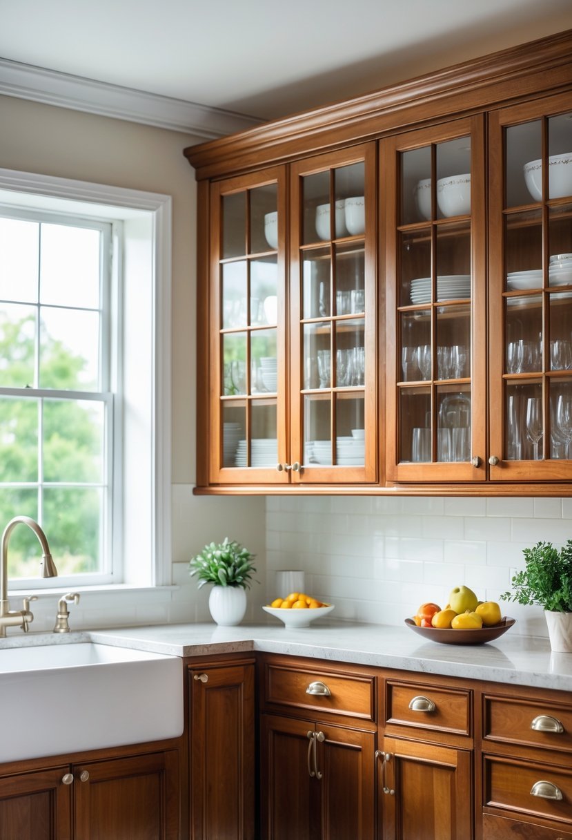 A kitchen with glass-front cabinet doors displaying dishes and glassware, with a countertop below holding a plant and fruit bowl.