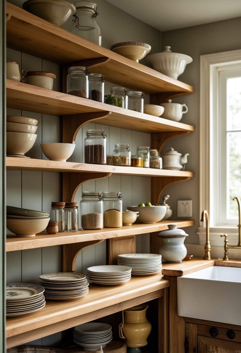 Open kitchen shelves displaying bowls, jars, plates, and vintage kitchenware in a warm, well-lit kitchen.