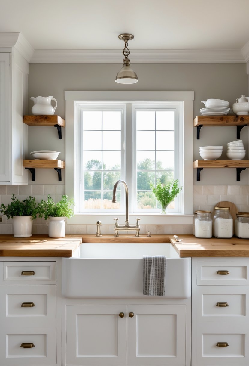 A bright kitchen with a large white apron sink, wooden countertops, white cabinets, and sunlight coming through windows.