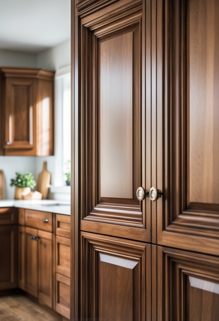 Close-up of detailed raised-panel wooden kitchen cabinet doors in a well-lit kitchen.