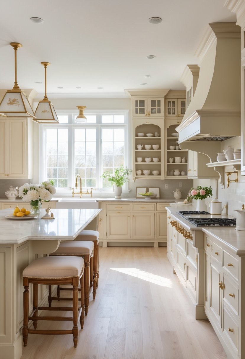 A spacious kitchen with light wood floors, a large island, classic cabinets, and soft natural light coming through windows.