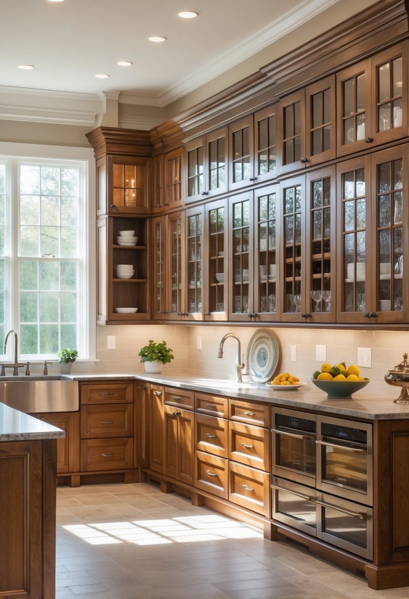A kitchen interior featuring built-in wooden cabinets with storage, a kitchen island, and natural light coming through windows.