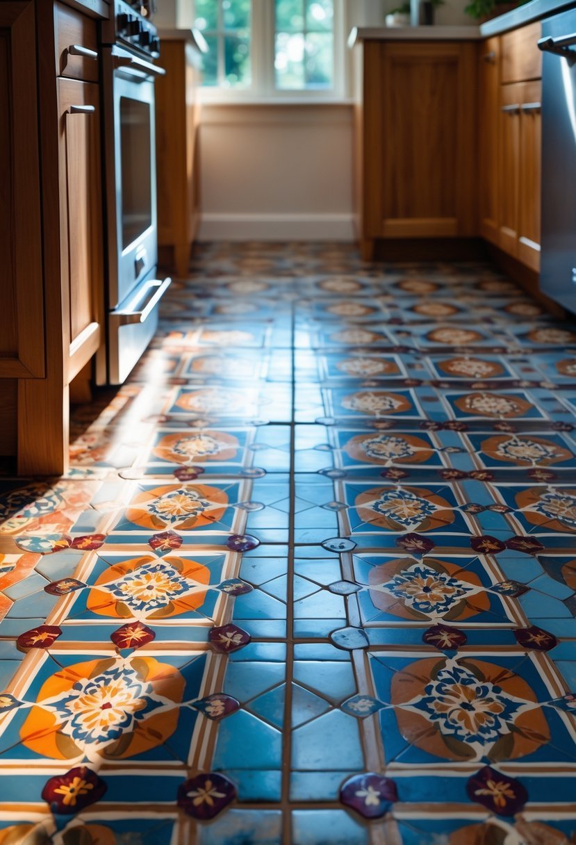 Close-up view of a kitchen floor with colorful patterned tiles and part of a kitchen interior in the background.