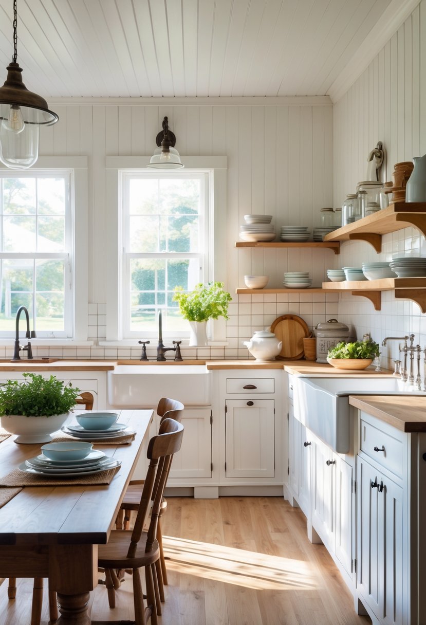 A bright kitchen interior with beadboard wall panels, wooden cabinets, a farmhouse sink, and a dining table set near windows.