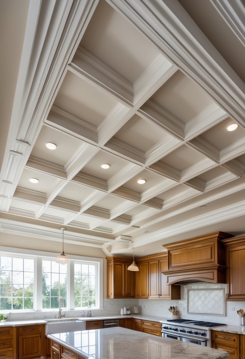 A bright kitchen featuring detailed recessed square panels on the ceiling, wooden cabinets, a central island, and natural light from large windows.