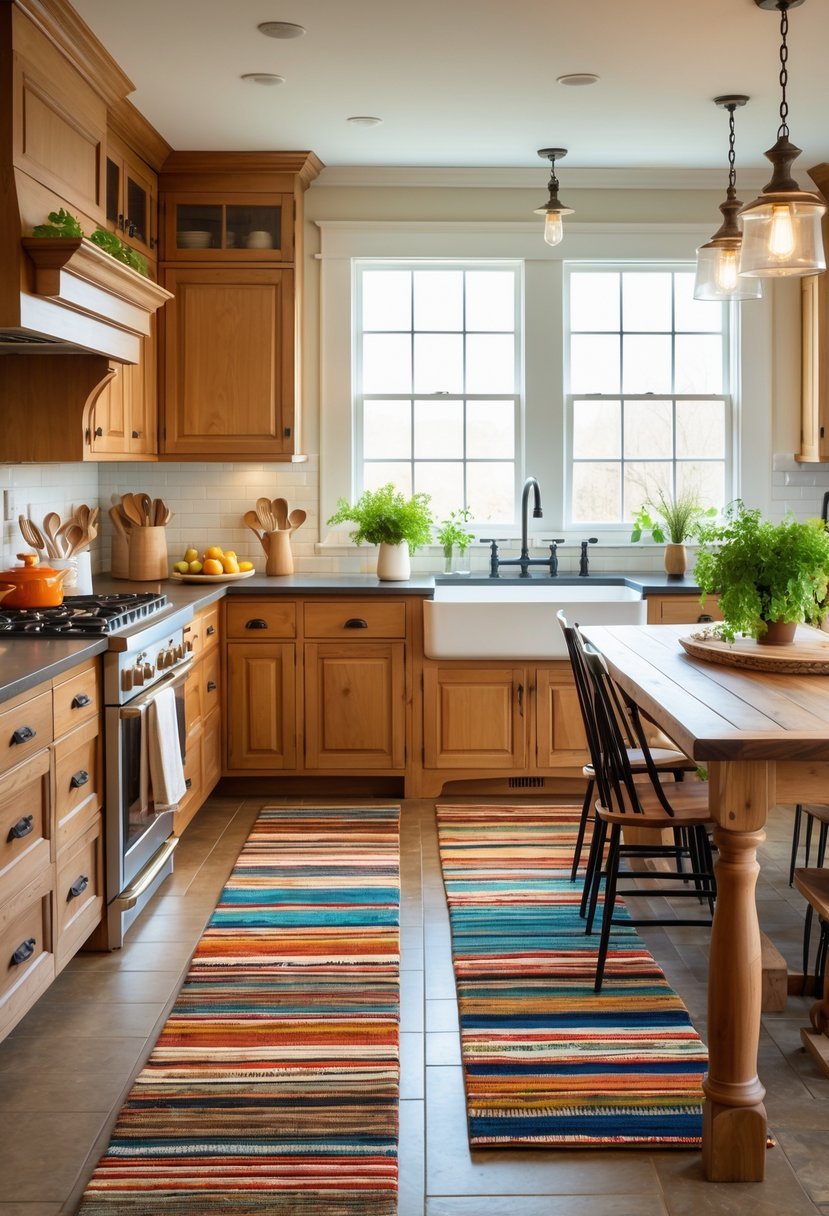 A bright kitchen with wooden cabinets and several colorful banded rugs on the floor near the countertops and island.