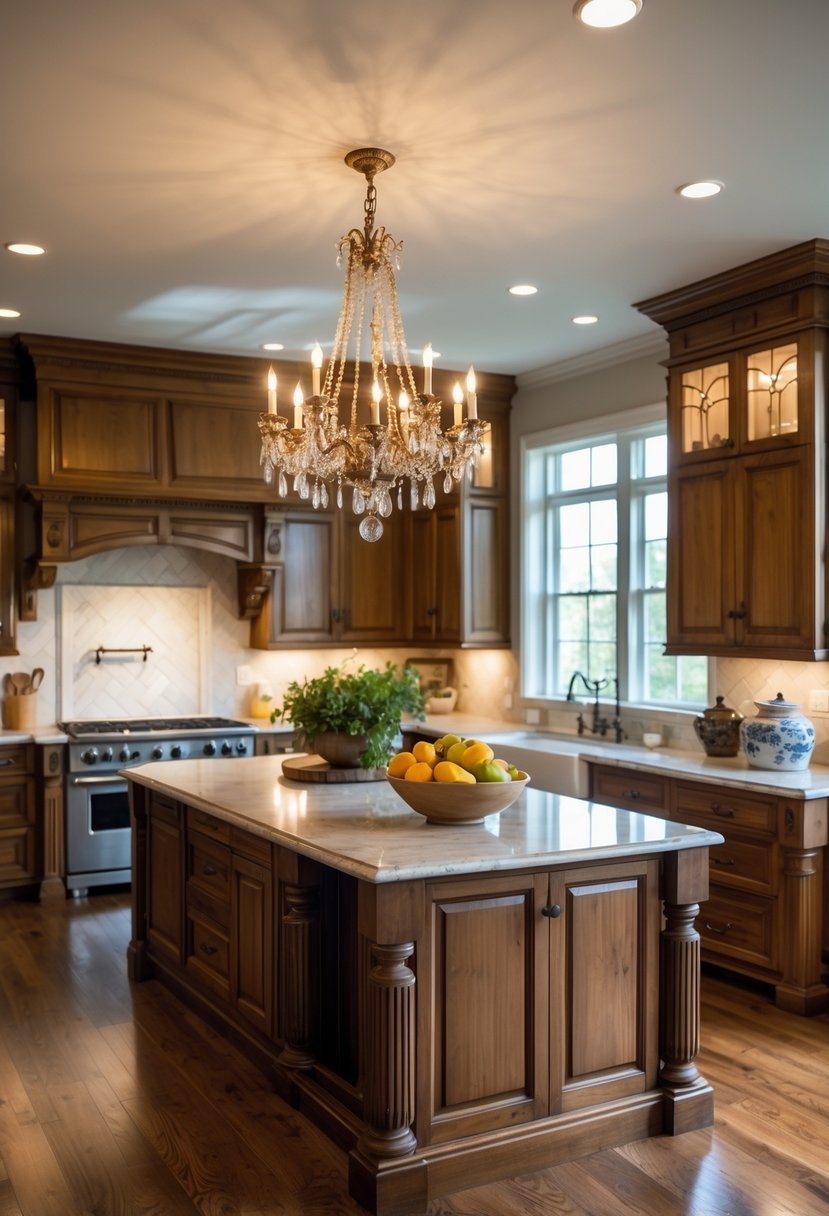 A bright kitchen with a classic chandelier hanging over a large island surrounded by wooden cabinets and decorative items.