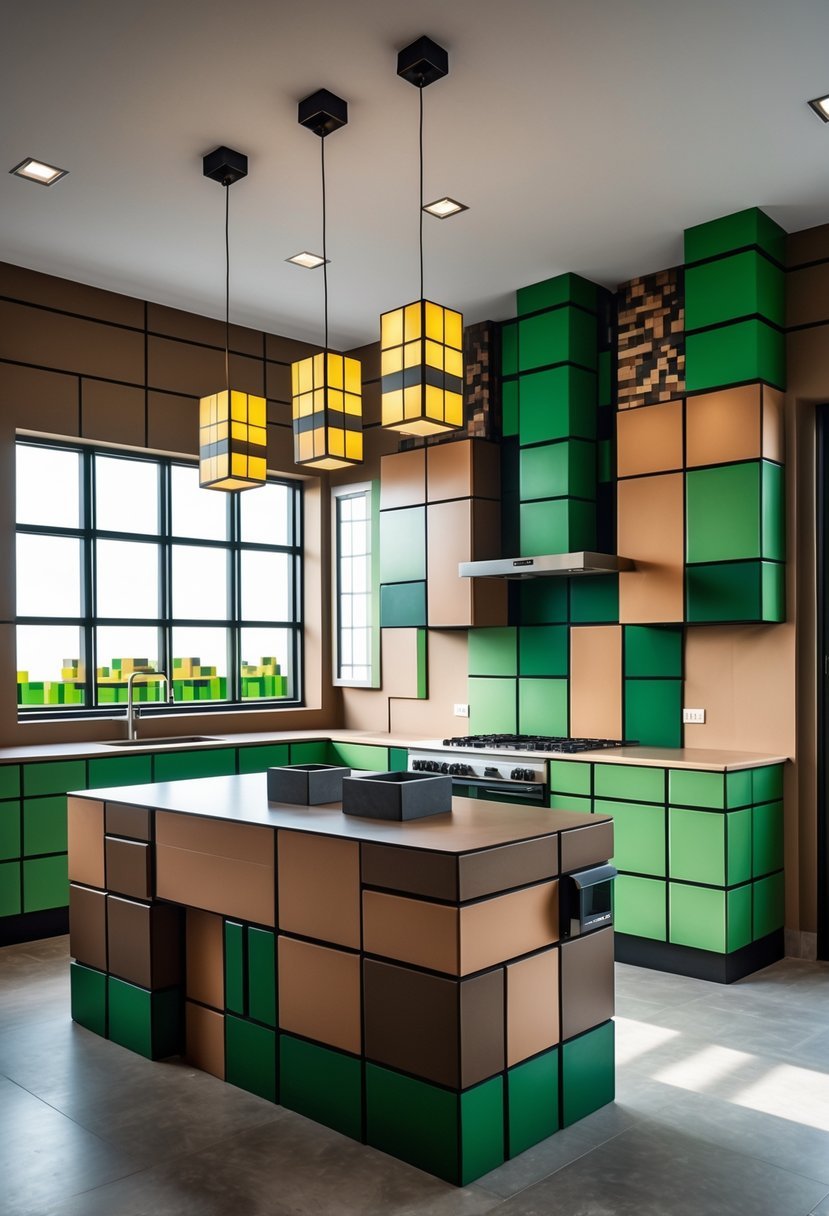 A modern kitchen with blocky cabinets, countertops, and appliances featuring earthy colors and large windows.