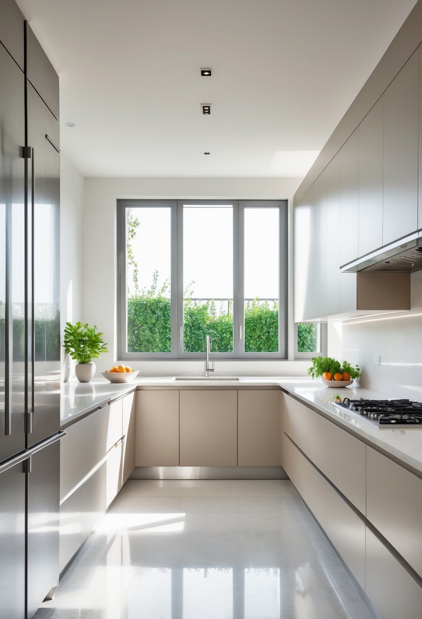 A bright kitchen with quartz countertops, cabinets, and stainless steel appliances.