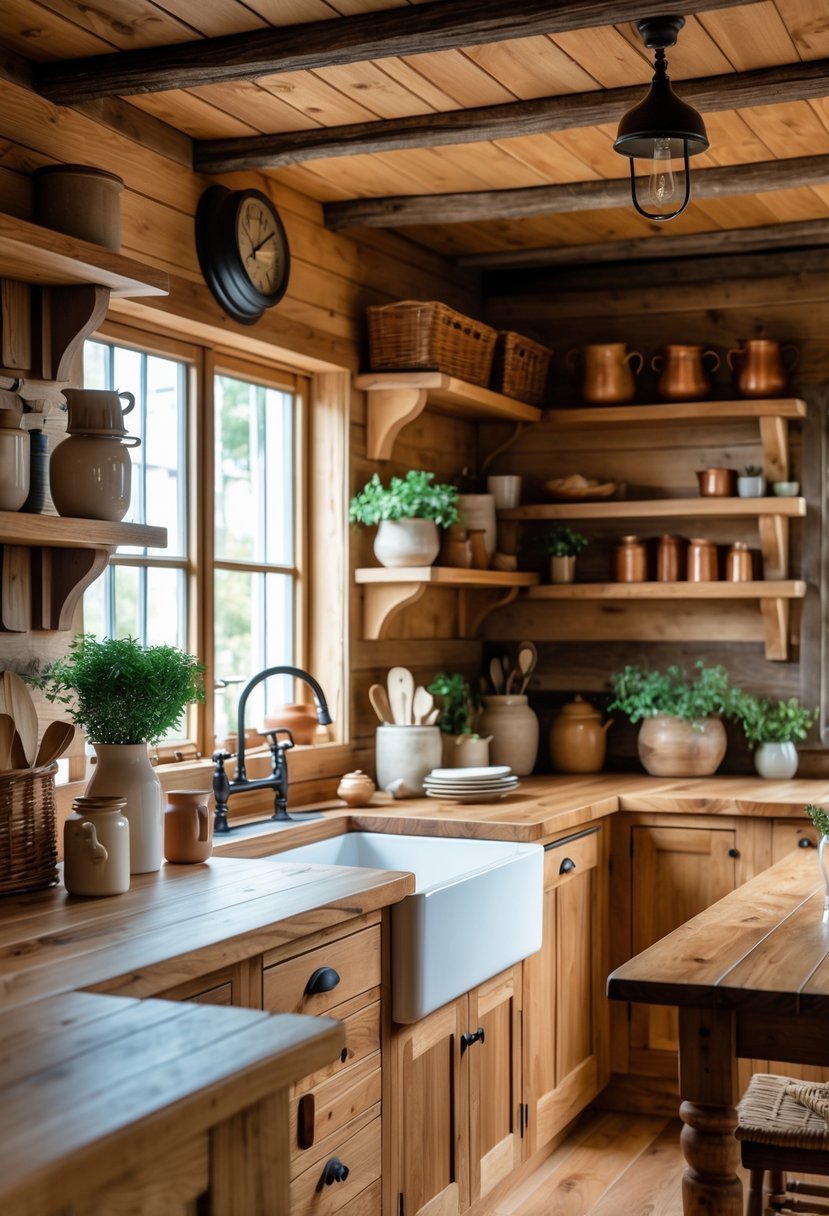 A kitchen with oak wood countertops and cabinets, a farmhouse sink, kitchen utensils, potted herbs, and a wooden dining table with chairs.