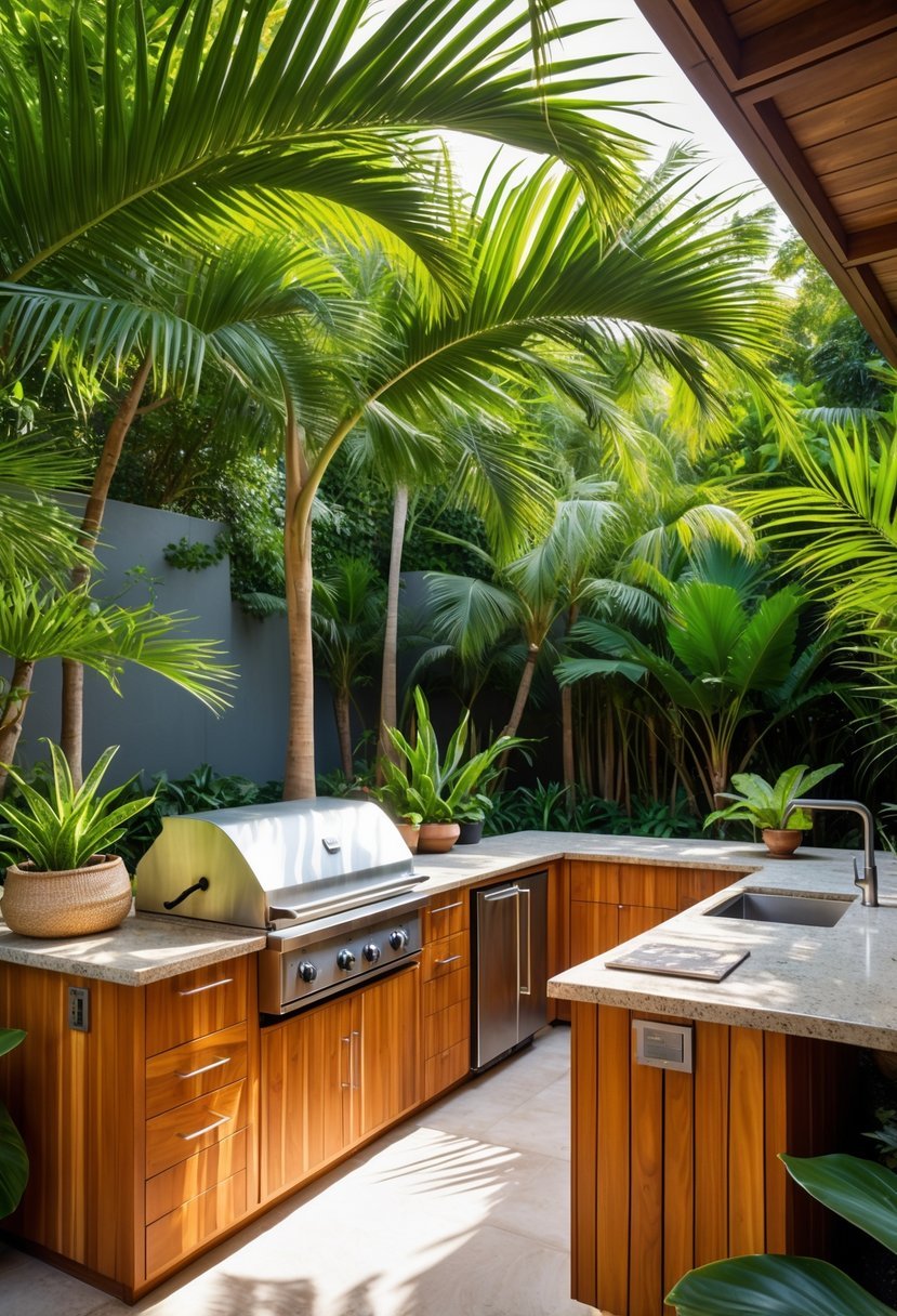 An outdoor kitchen surrounded by tropical plants with wooden cabinets and modern appliances.