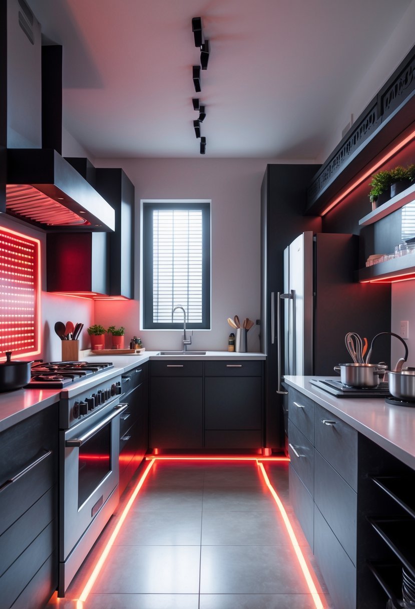 A modern kitchen featuring appliances and design elements inspired by Minecraft with glowing redstone circuitry integrated into the countertops and appliances.