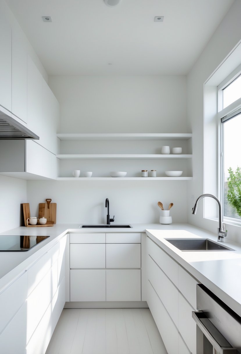 A bright white kitchen with clean lines, modern cabinets, a cooktop, sink, and open shelves with kitchen items.