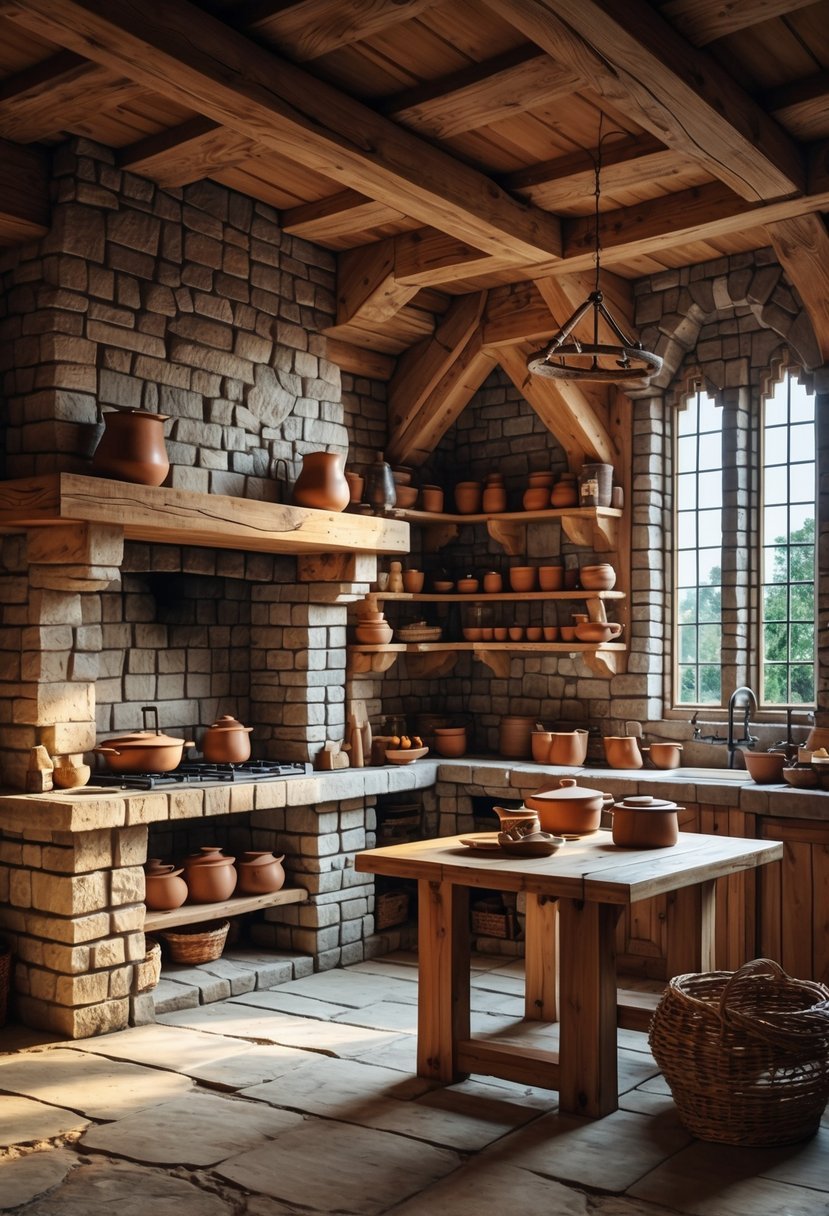 A cozy kitchen with stone brick walls, wooden beams, a fireplace, shelves with pots, and a wooden table with kitchen items.
