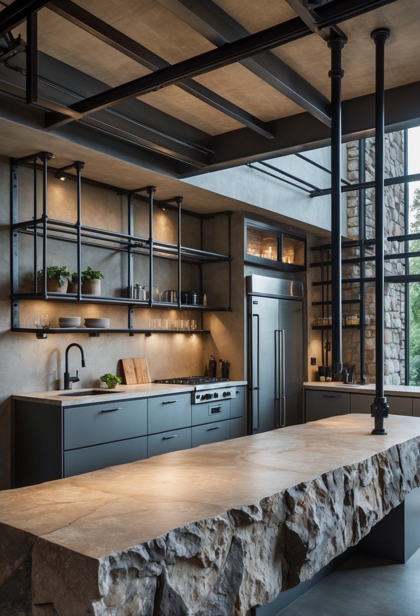 An industrial kitchen with iron bars and stone slab countertops, featuring stainless steel appliances and exposed piping.