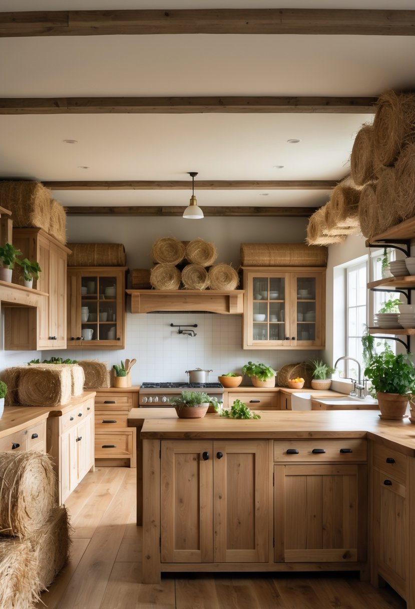 A bright kitchen with wooden cabinets, a central island, hay bales used as decor, and modern appliances.