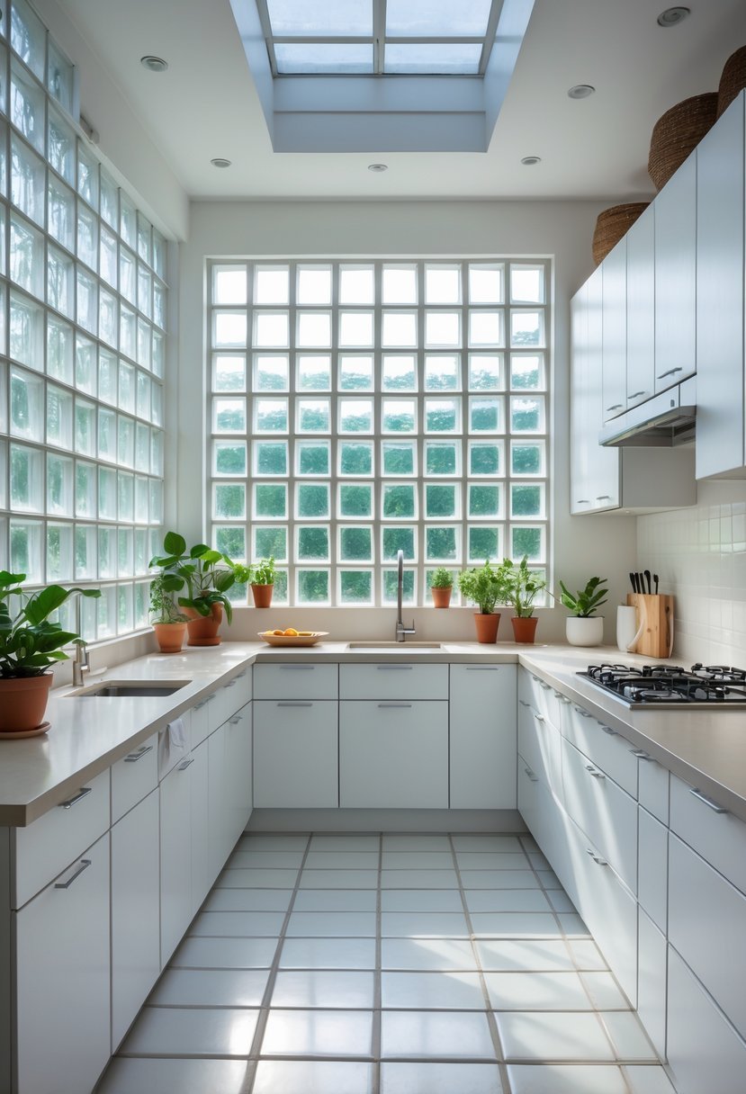 A bright kitchen with large glass block windows, modern cabinets, and a clean, spacious layout filled with natural light.
