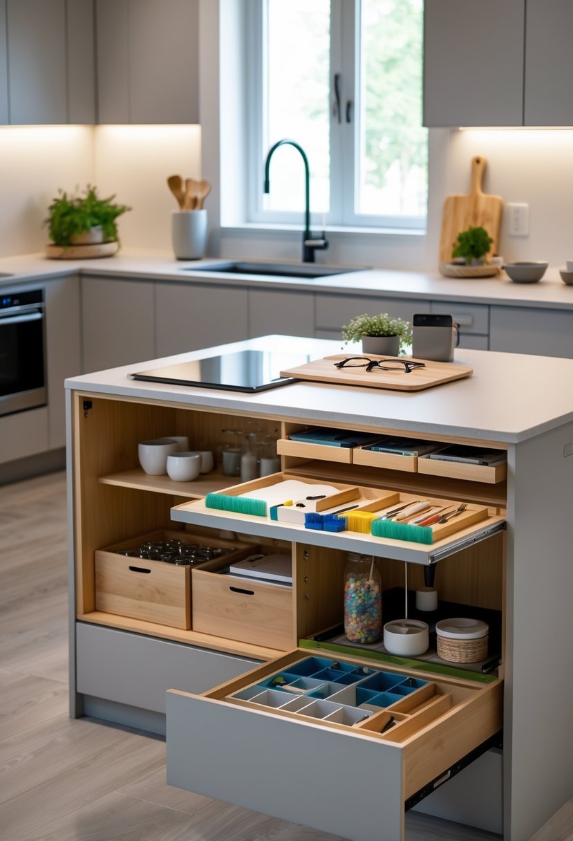 A compact kitchen island with a built-in crafting table in a modern kitchen space.