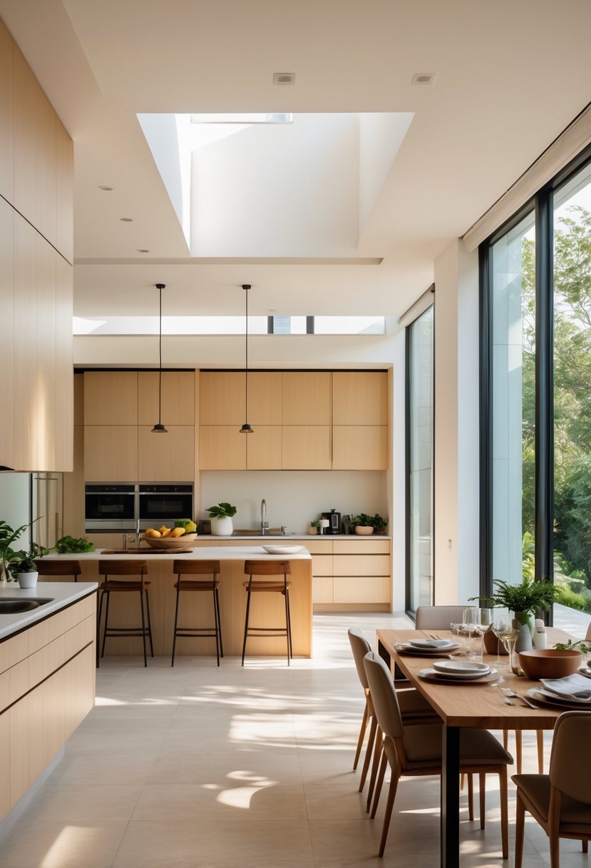 Open-plan kitchen connected to a dining area with a kitchen island and dining table set for a meal.