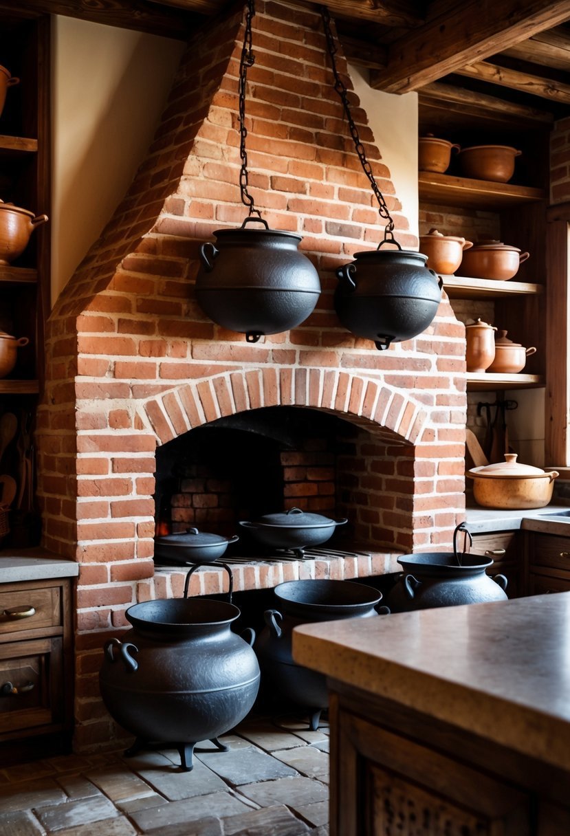 A vintage kitchen with a brick oven and several iron cauldrons arranged nearby.