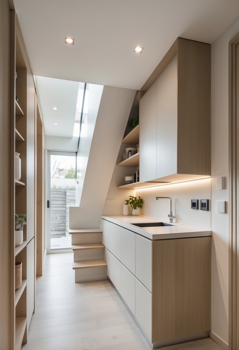A compact kitchen area built under a staircase with cabinets, countertop, sink, and shelves holding kitchen items.