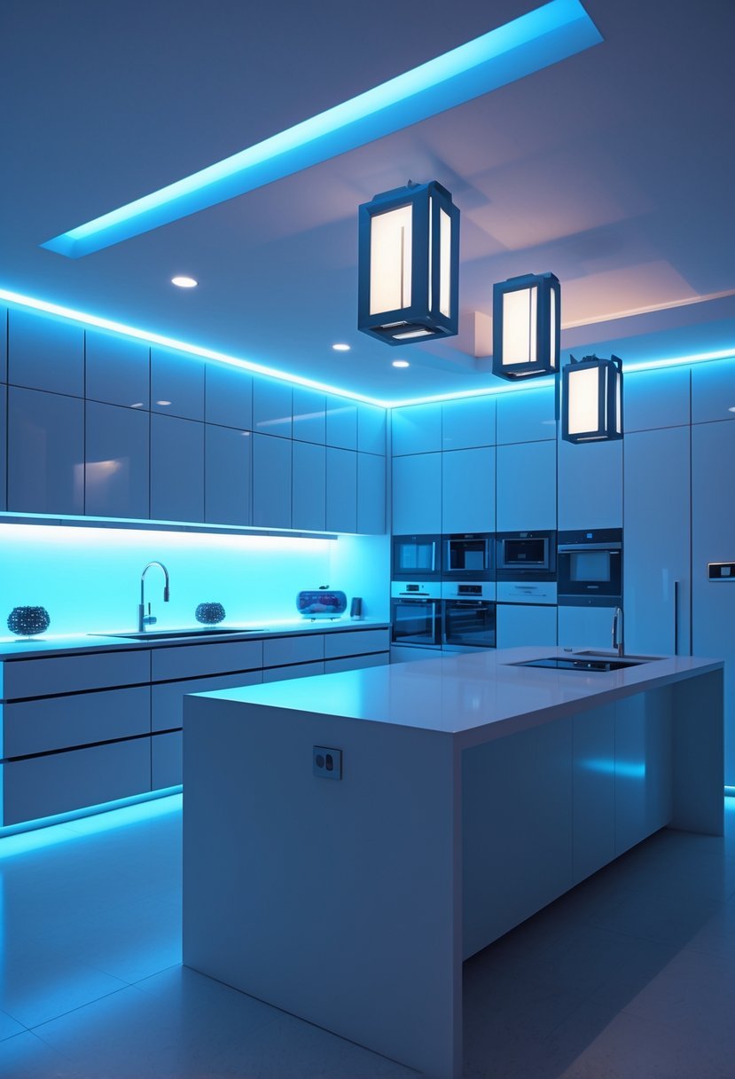 A modern kitchen with glowing blue lantern-style lights hanging from the ceiling, featuring clean countertops and a central island.