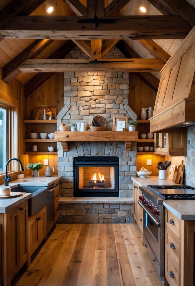 A kitchen with a fireplace and wooden beams on the ceiling, featuring wooden cabinets and a stone countertop.