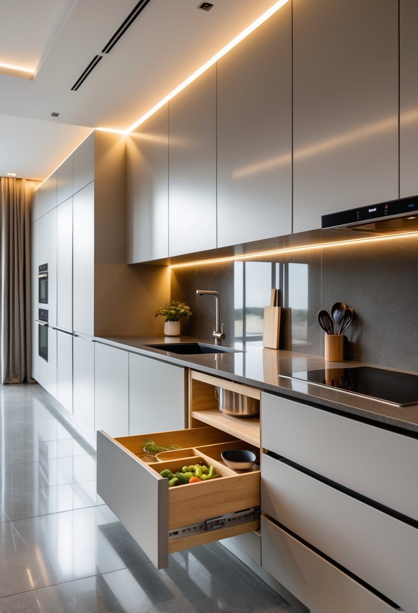A modern kitchen with sleek cabinets and hidden storage compartments opened through trapdoors in the countertops and floor.