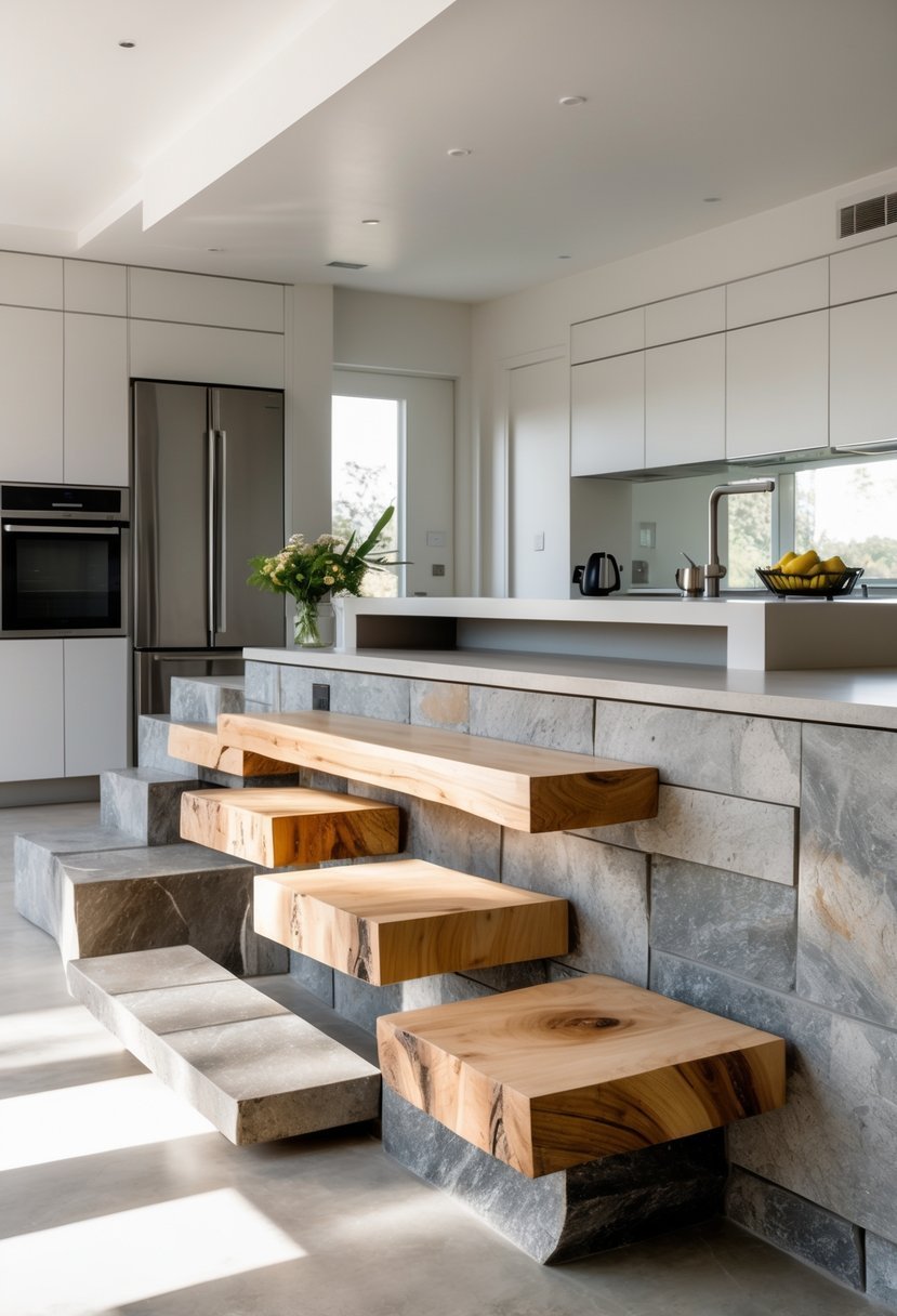 A modern kitchen with a kitchen bar that uses stairs and stone slabs as seating, featuring natural light and clean design.