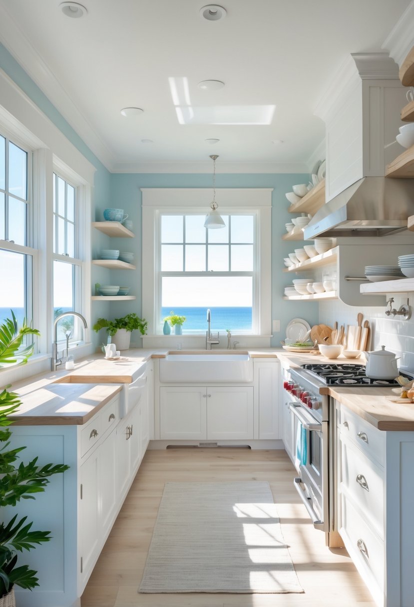 A bright kitchen with white cabinets, wooden countertops, stainless steel appliances, and natural light coming through large windows.