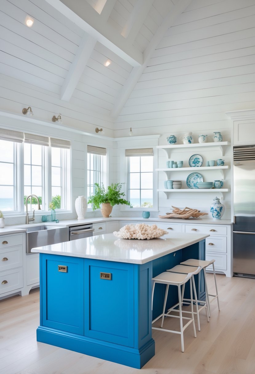 A coastal kitchen with a blue island, white cabinets, large windows, and natural light.