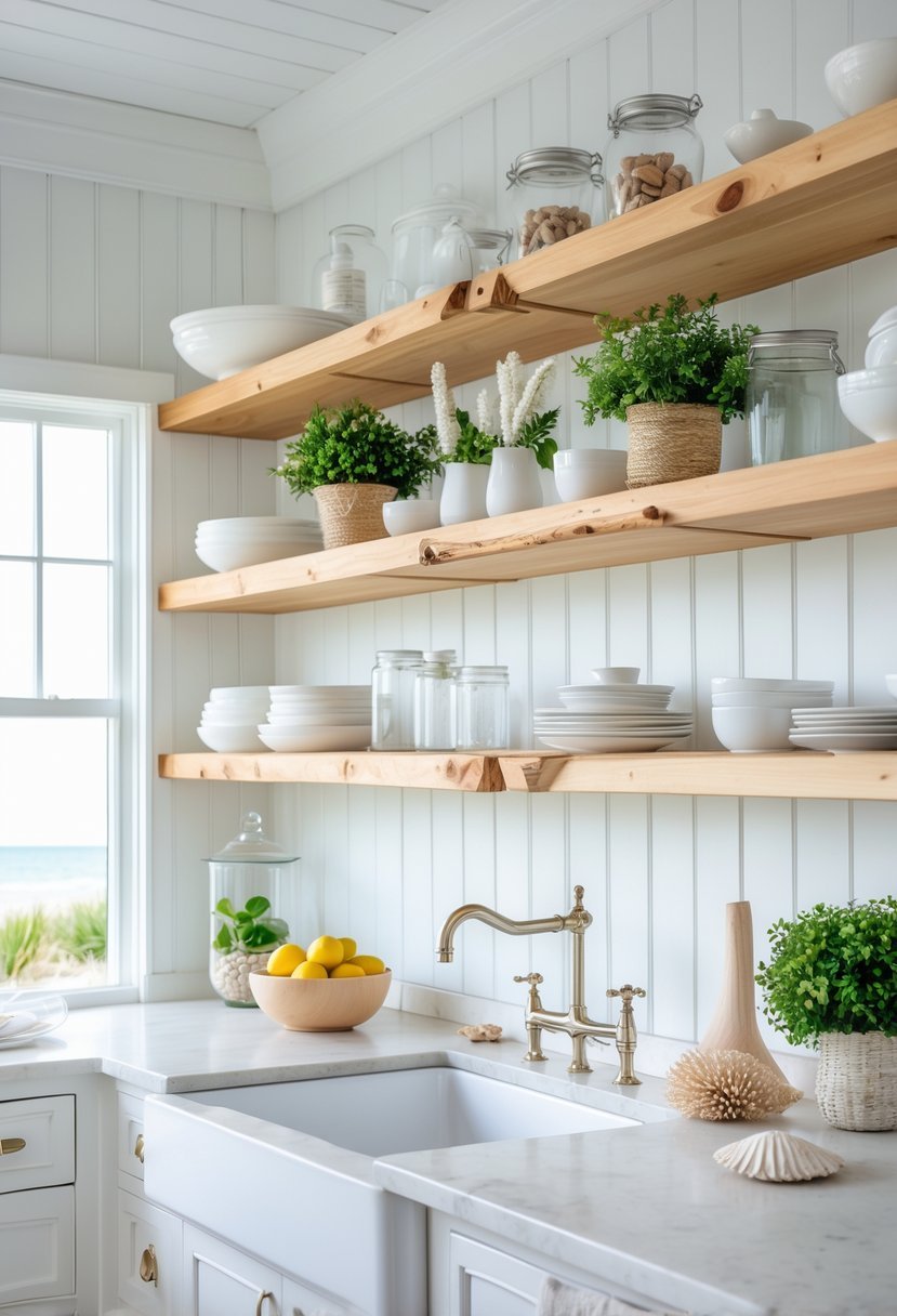 A bright kitchen with natural wood open shelves holding dishes, plants, and coastal decor, illuminated by natural light.